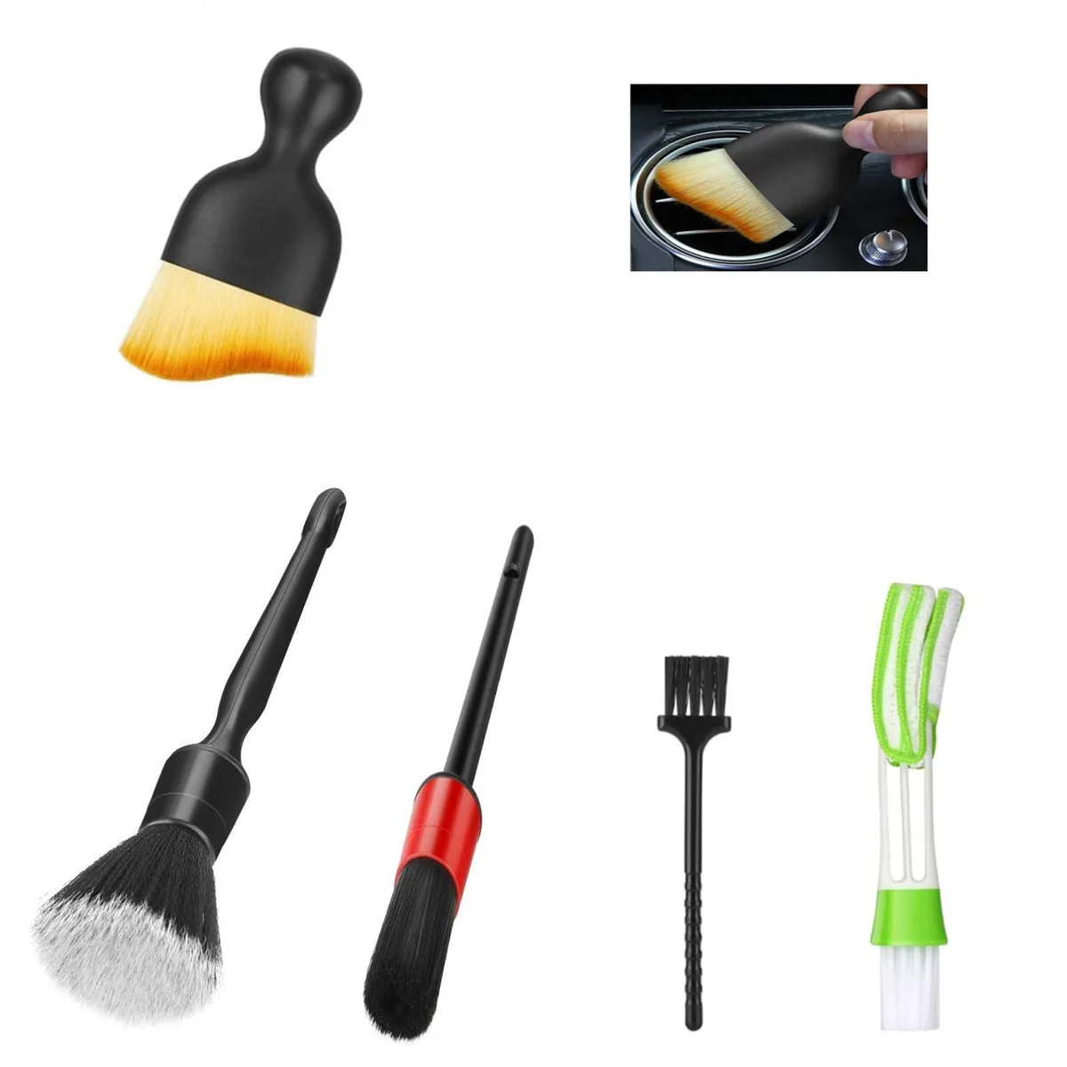 A set of five car interior detailing brushes in yellow white red green and black with sturdy handles