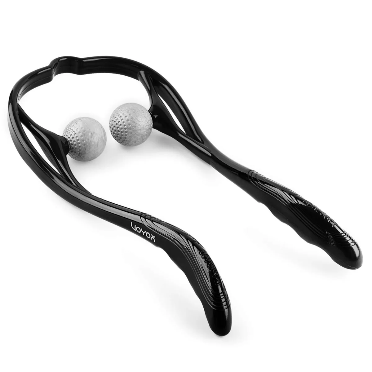 Blue handheld dual-trigger-point massager with flexible handle and two silicone balls