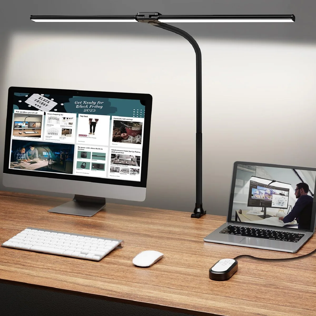 ShineTech 31.5 inch double head LED desk lamp with clamp, matte finish, adjustable arms