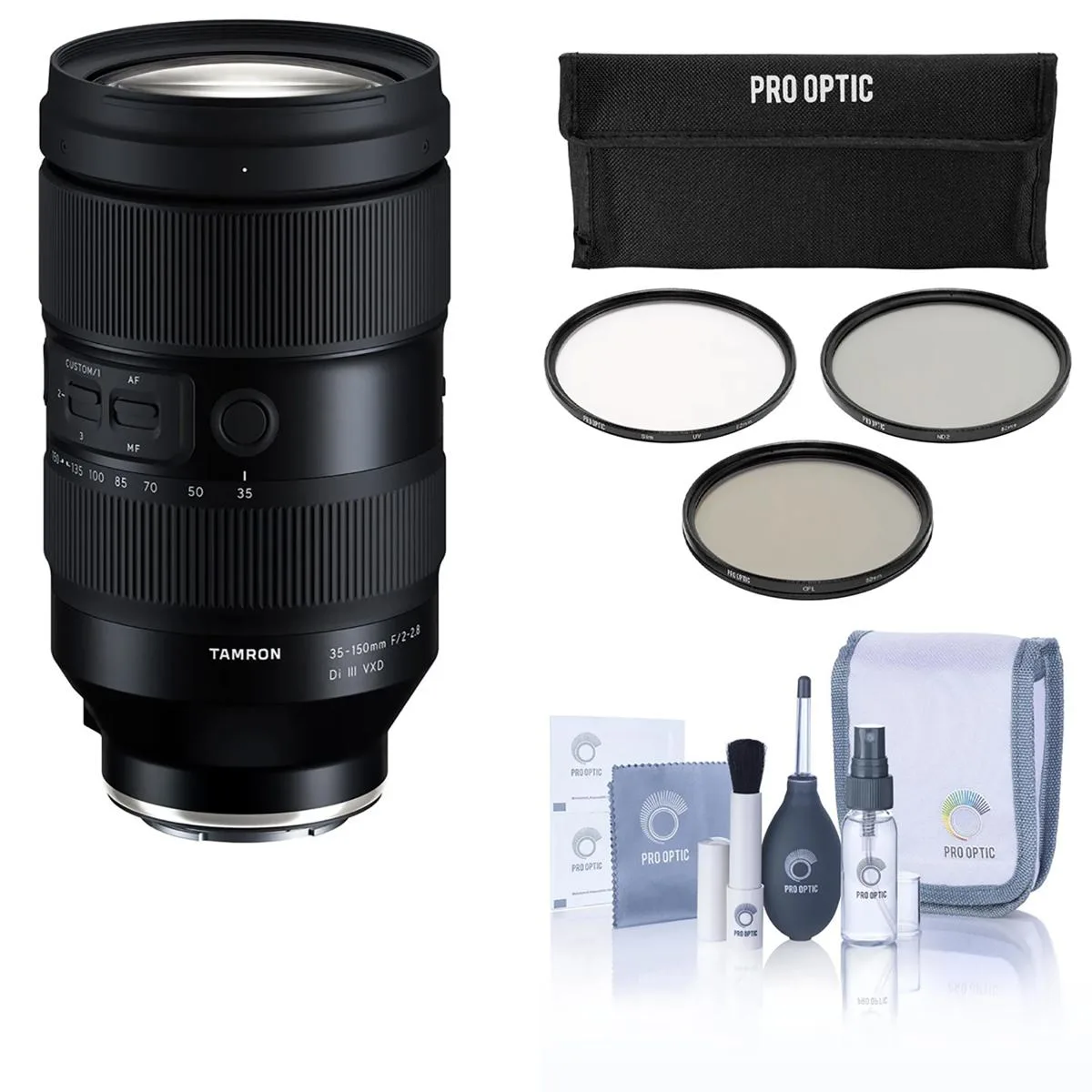 Black cylindrical zoom lens with silver accent ring and bundled 82mm filter kit