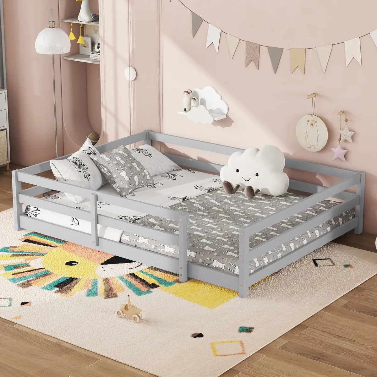 Grey pine Montessori floor bed with 15.7in guardrails