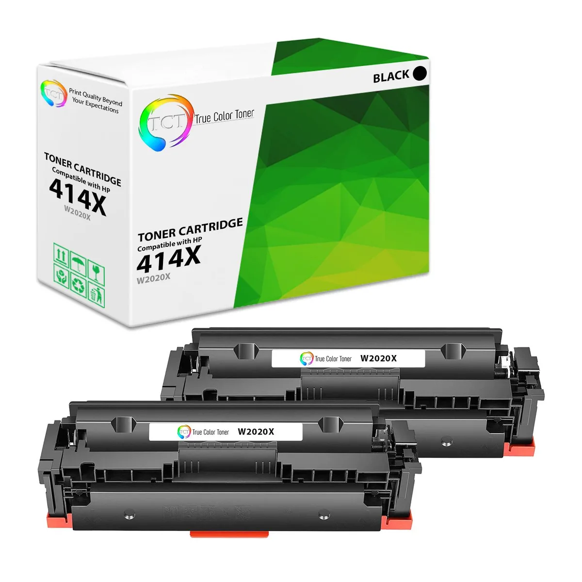 Two black toner cartridges in white and blue packaging