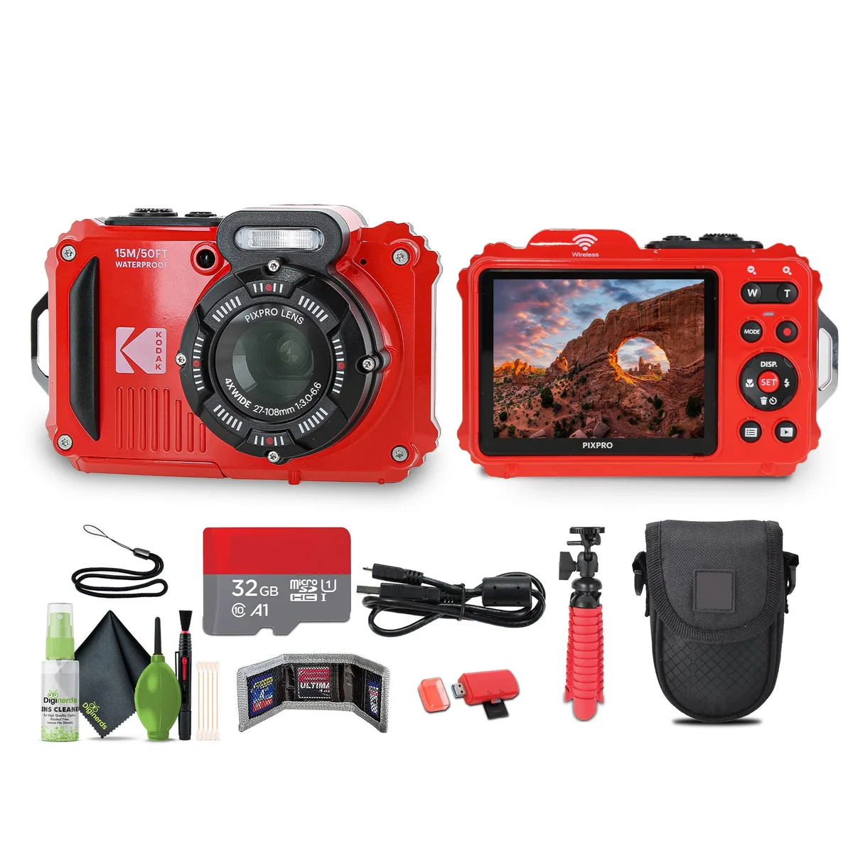 Red rugged compact camera kit with flexible tripod, bag and accessories