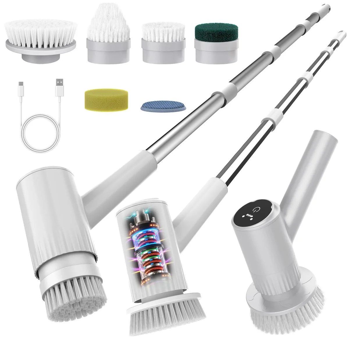 White cordless electric spin scrubber with 47 inch extendable handle and interchangeable brush heads
