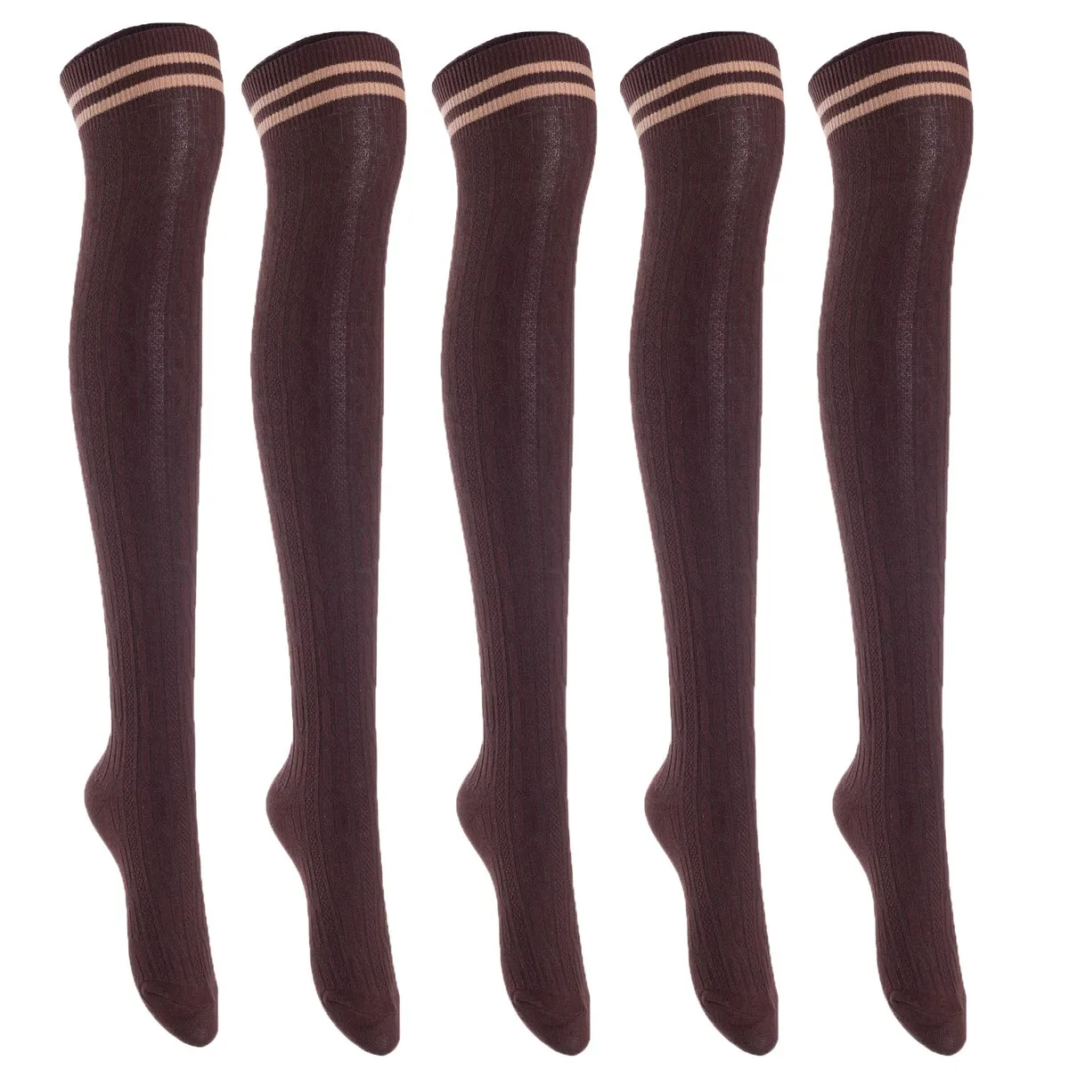 Five pairs of coffee coloured cotton thigh high socks