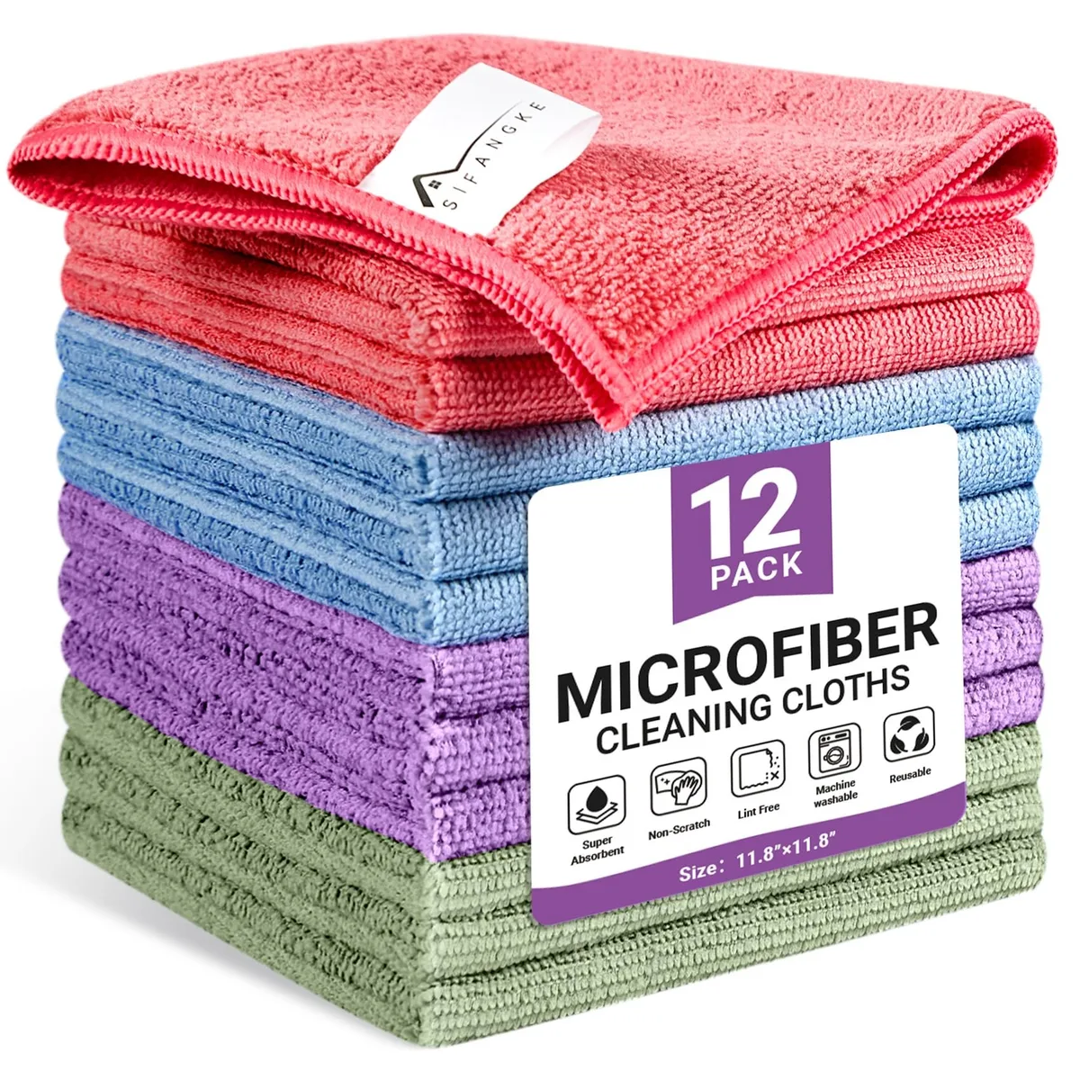 Stack of twelve square microfiber cloths in pink green blue purple
