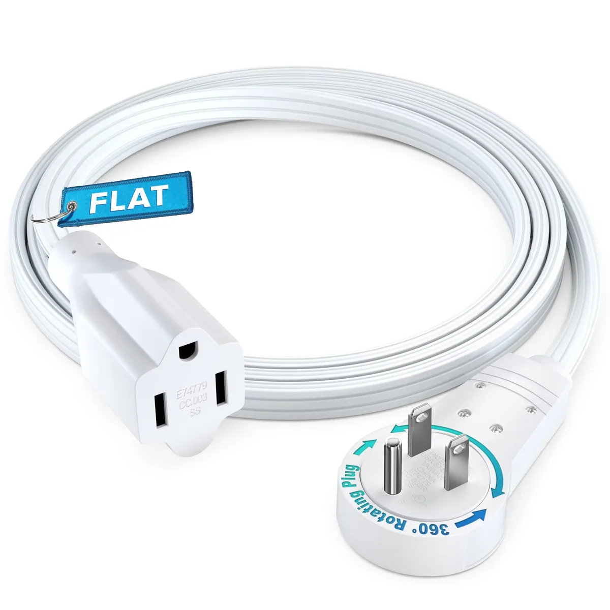 Maximm 360° Rotating Flat Plug Extension Cord 3 ft White — product photo