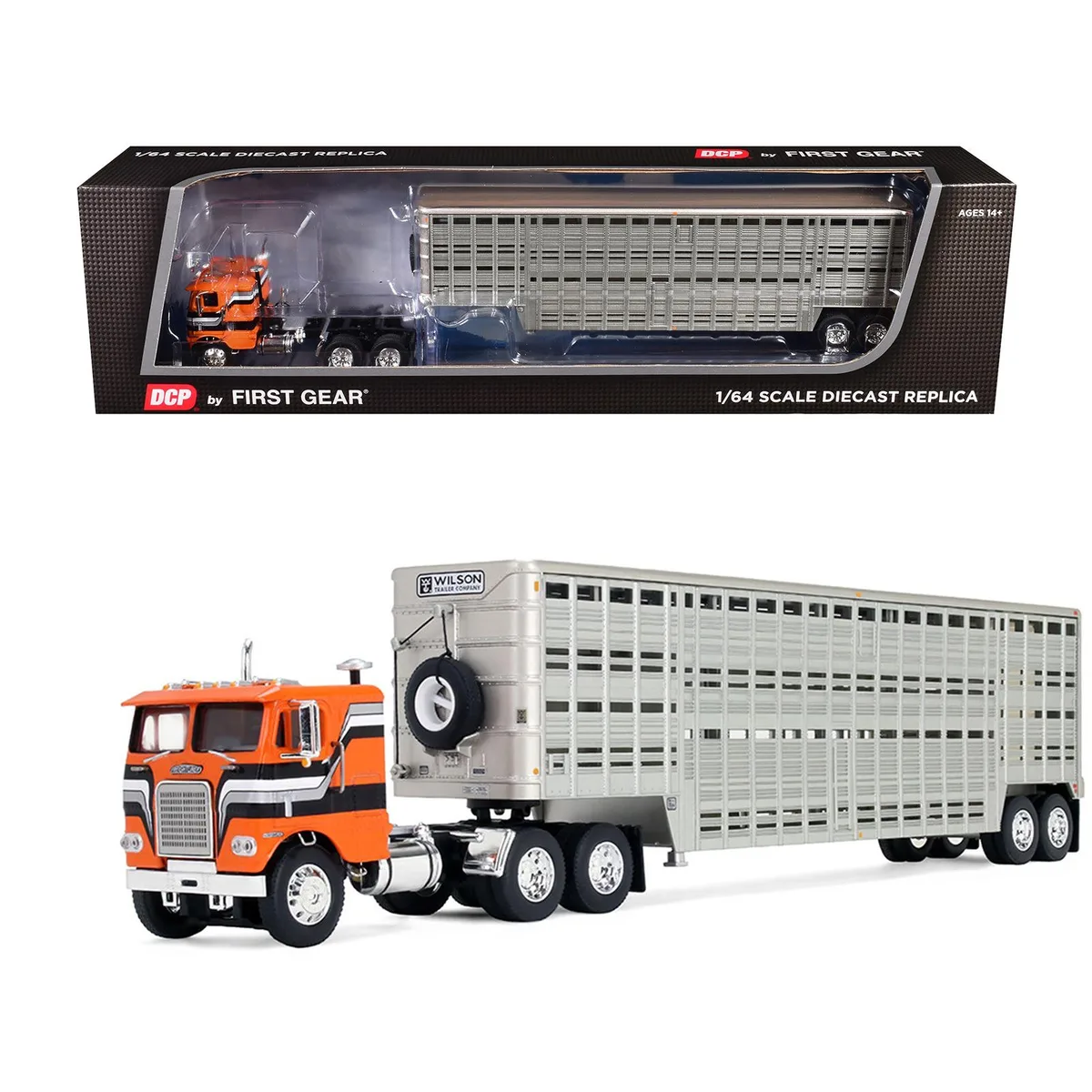 First Gear First Gear Freightliner COE &amp; 45' Wilson Livestock Trailer Orange Stripes 1/64 Diecast — product photo
