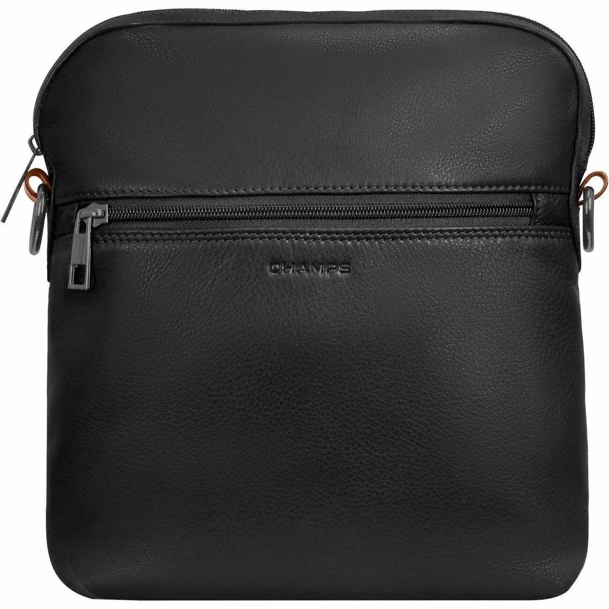 Black leather carrying case with shoulder strap, front and back pockets, gunmetal hardware