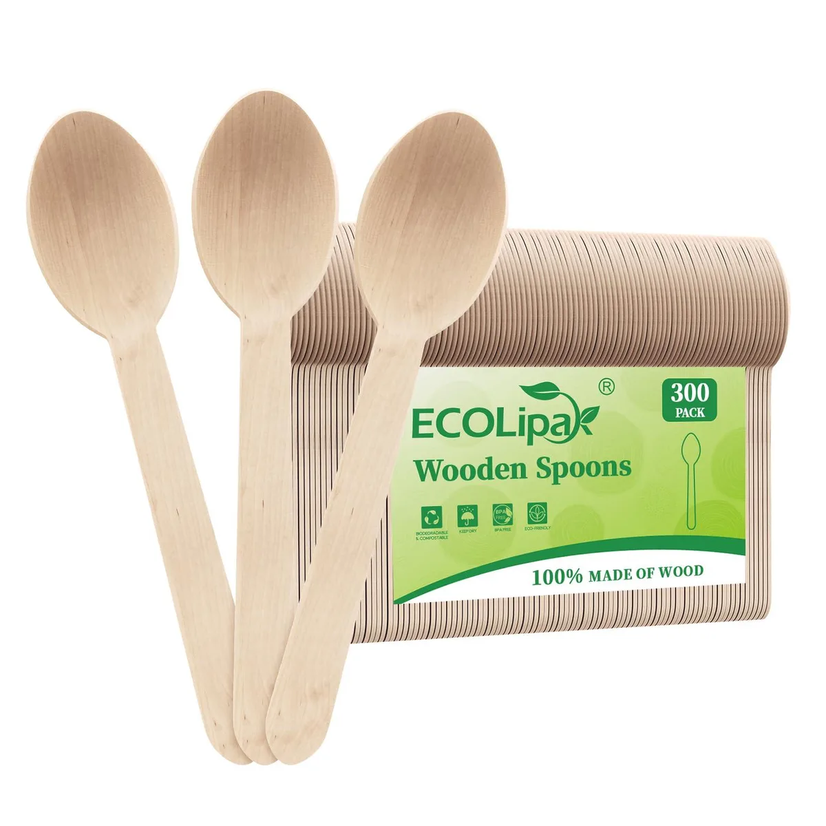 Box of 300 brown wooden spoons, 6 inch length