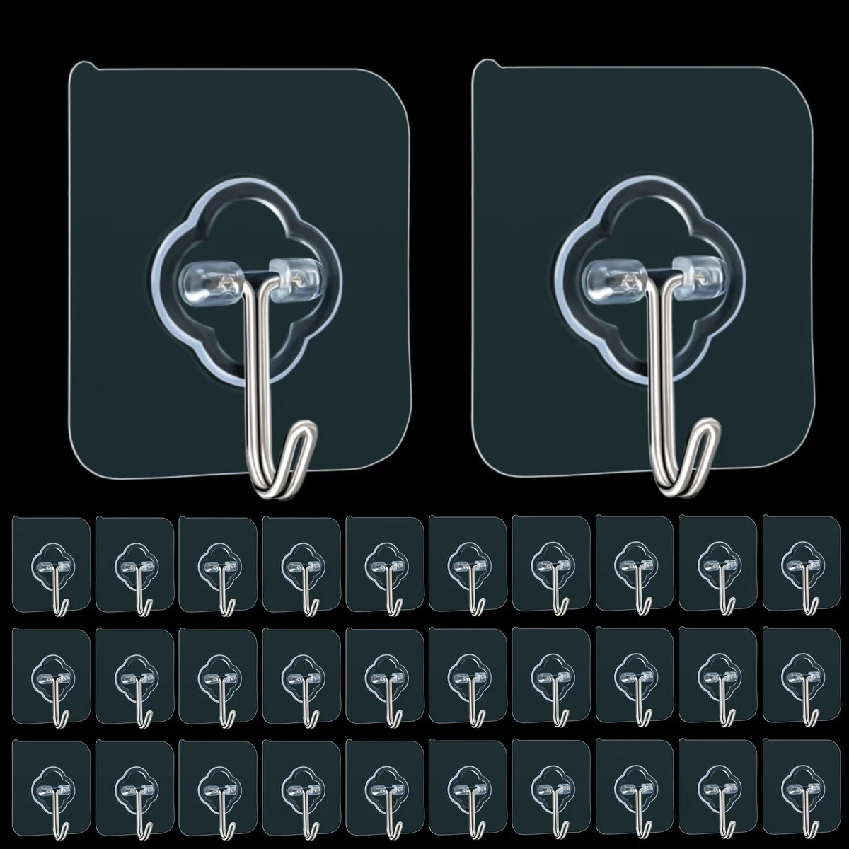 Pack of 32 transparent adhesive hooks with stainless steel loops