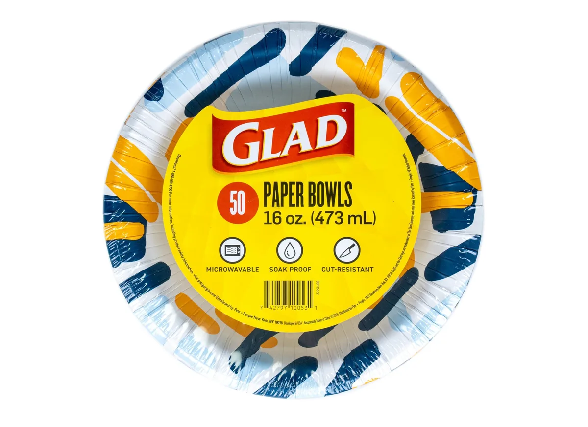 Pack of 50 round 16 oz paper bowls with scribble abstract design