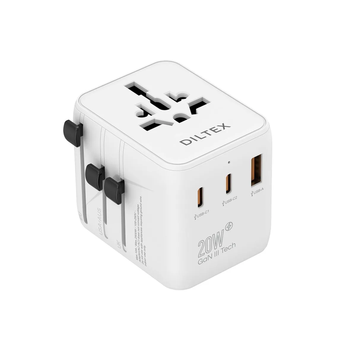 White travel adapter with foldable prongs, two USB-C ports, one USB-A port and two AC outlets