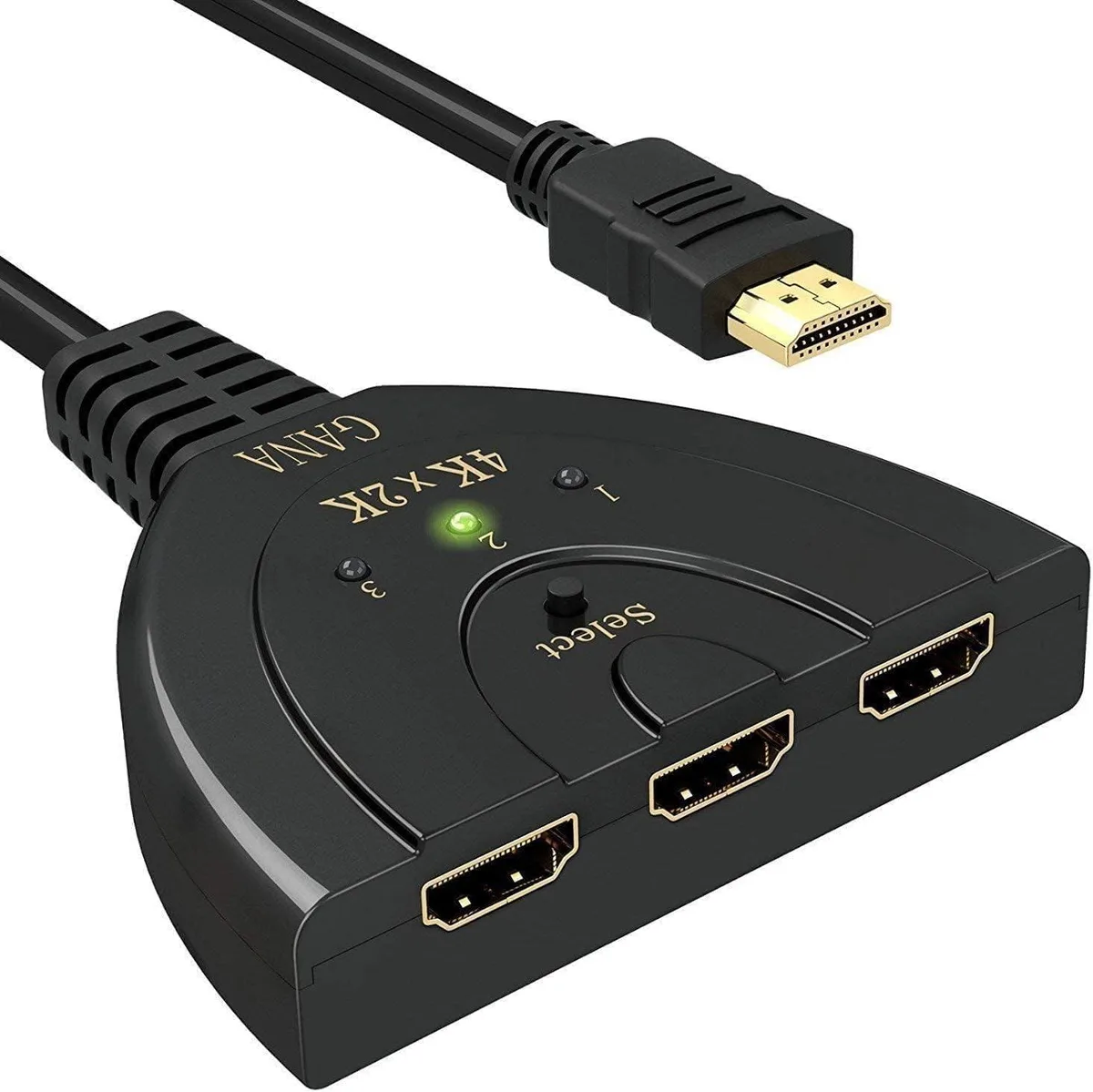 Small black HDMI switch box with three input ports, one output, and a short attached cable