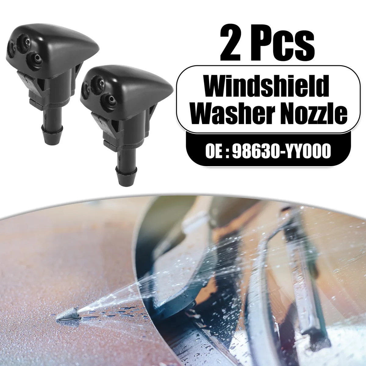 Two black plastic front windshield washer nozzles, rectangular with a single spray hole each