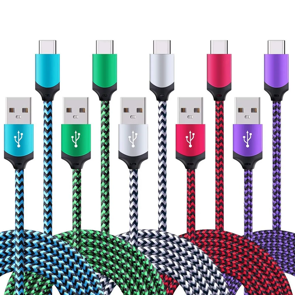 Five blue USB-C cables coiled together, six feet each, braided nylon finish