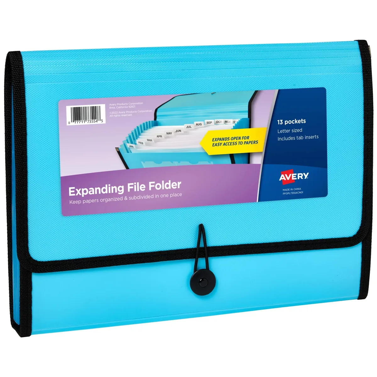 Aqua polypropylene accordion folder with 13 pockets and elastic closure
