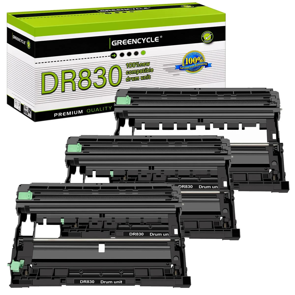 Three black drum units in a sealed box