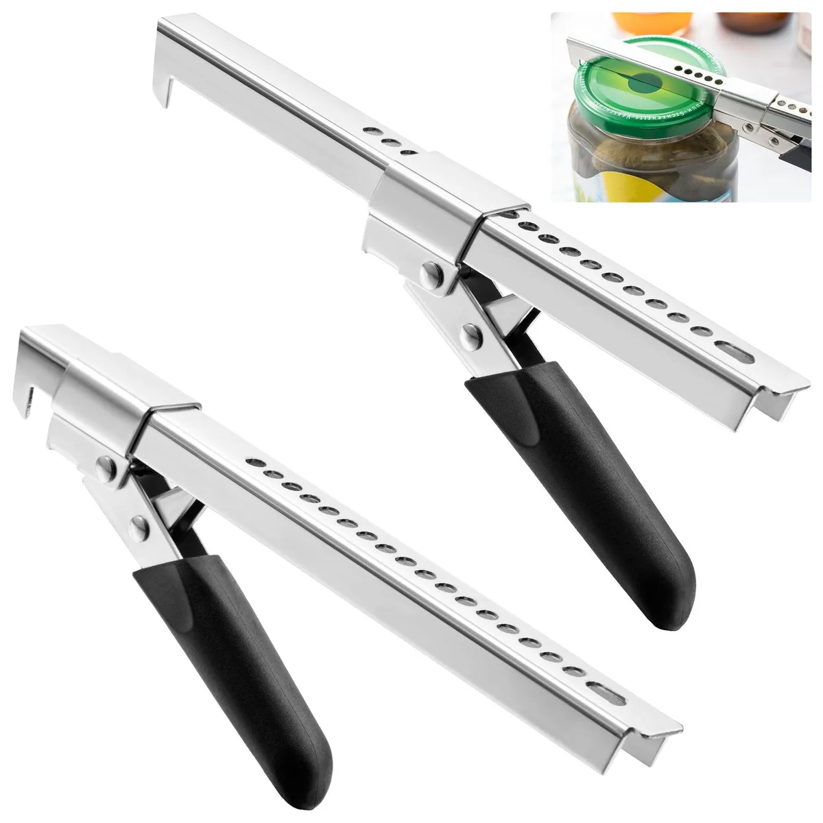 Two stainless steel jar openers with rubber grips, 7.5 inches long, adjustable jaws