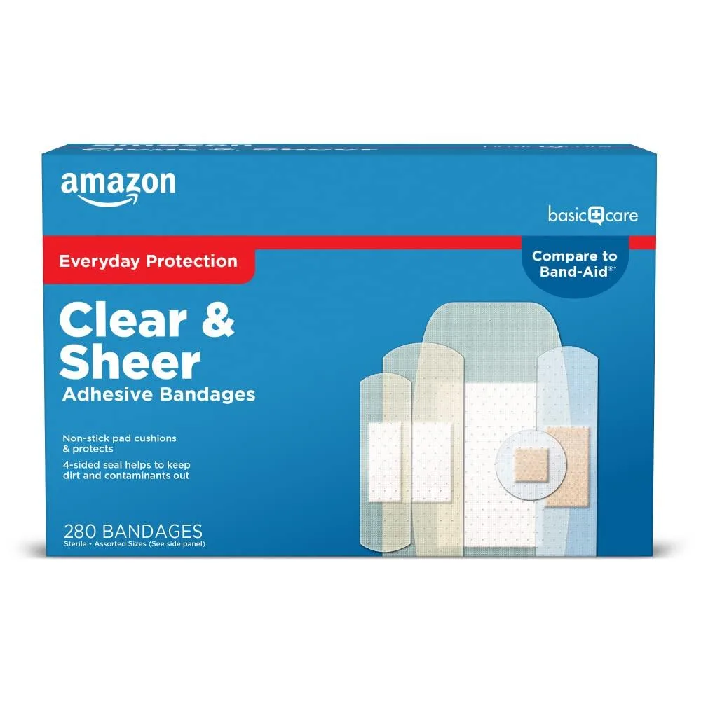 White box of 280 assorted sheer and clear adhesive bandages