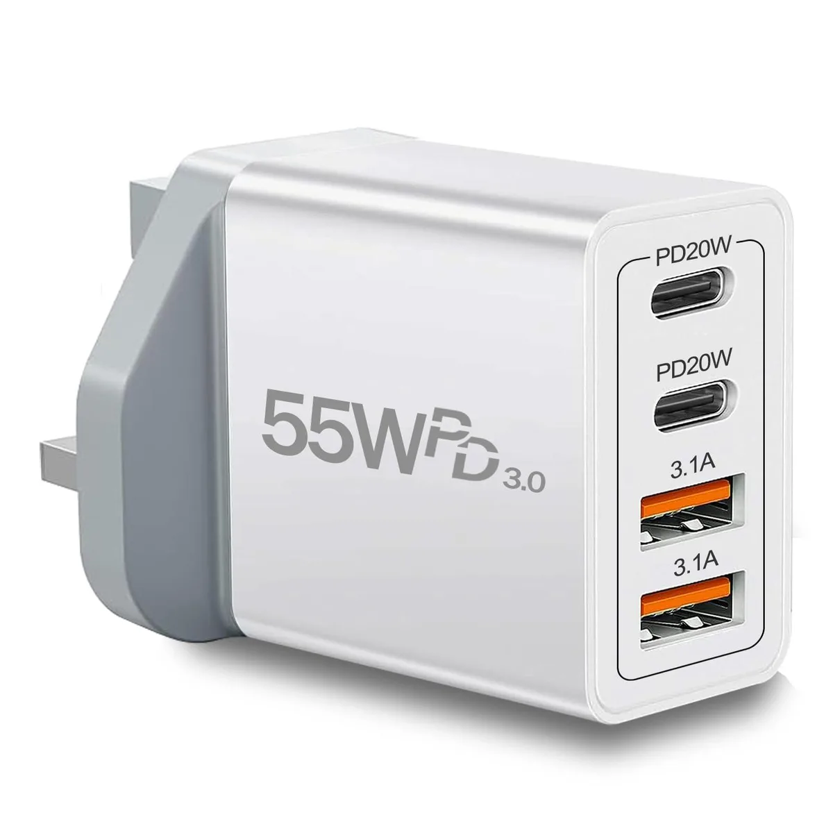 White rectangular UK Type G travel charger with four USB ports and folding pins