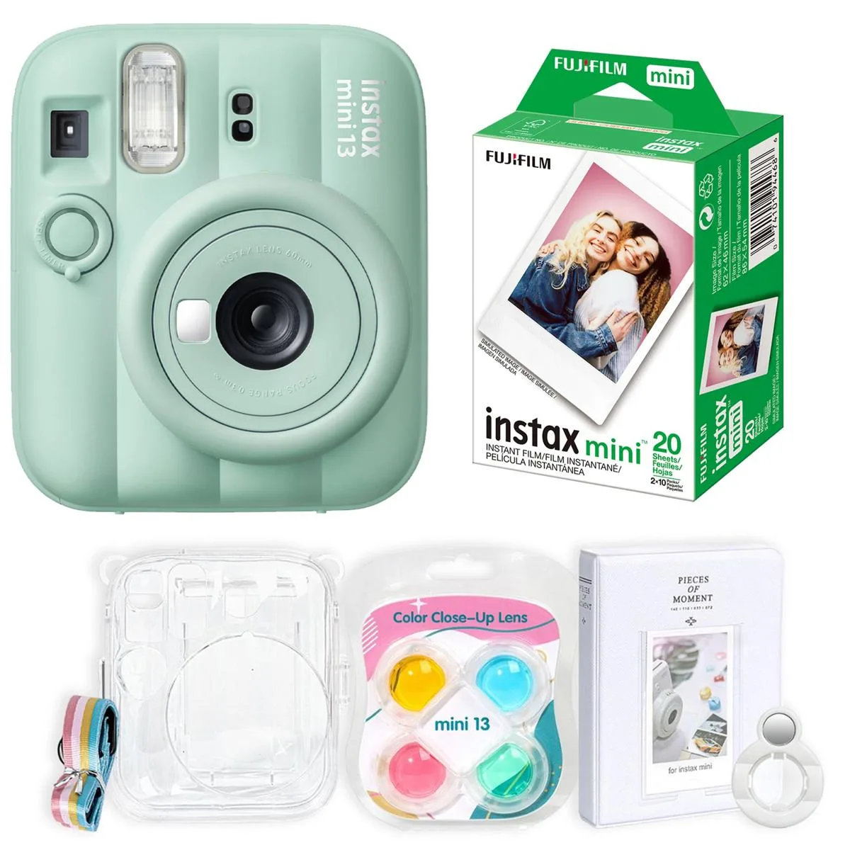 Green Instax Mini 13 instant film camera with rounded body and wrist strap