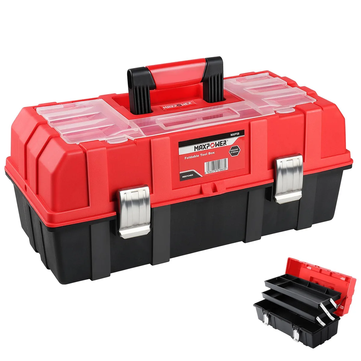 Red 16.5-inch three-layer folding plastic tool box with stainless steel locks, 10 pack