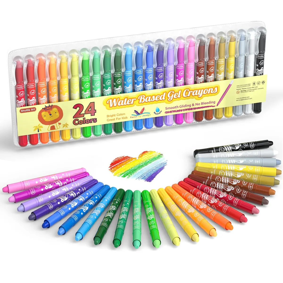 Cylindrical plastic case holding 24 gel crayons in assorted colours