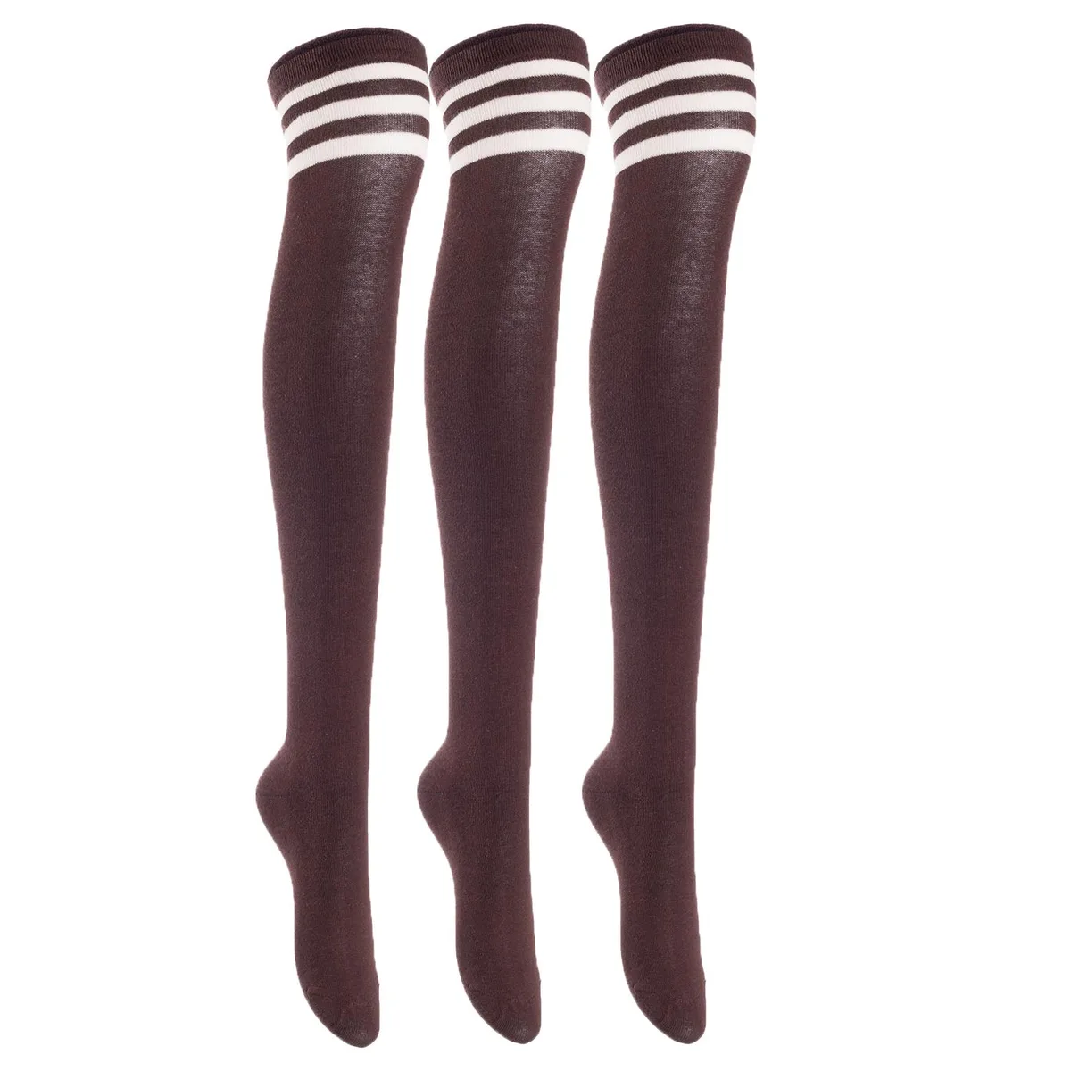 Three pairs of coffee thigh-high cotton socks