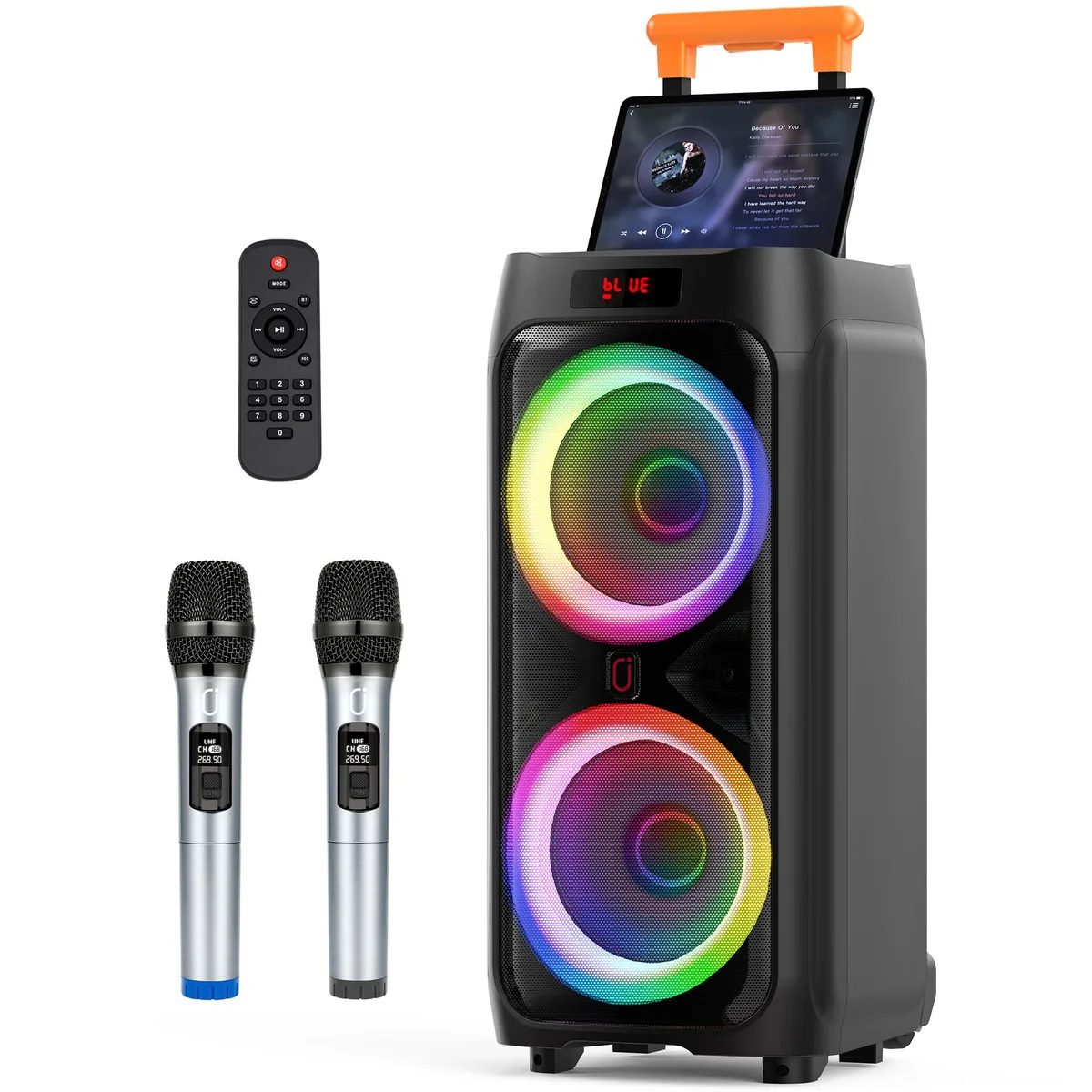 JYX JYX-T9 karaoke system 30 W Bluetooth 5.0 2 wireless mics wheels — product photo