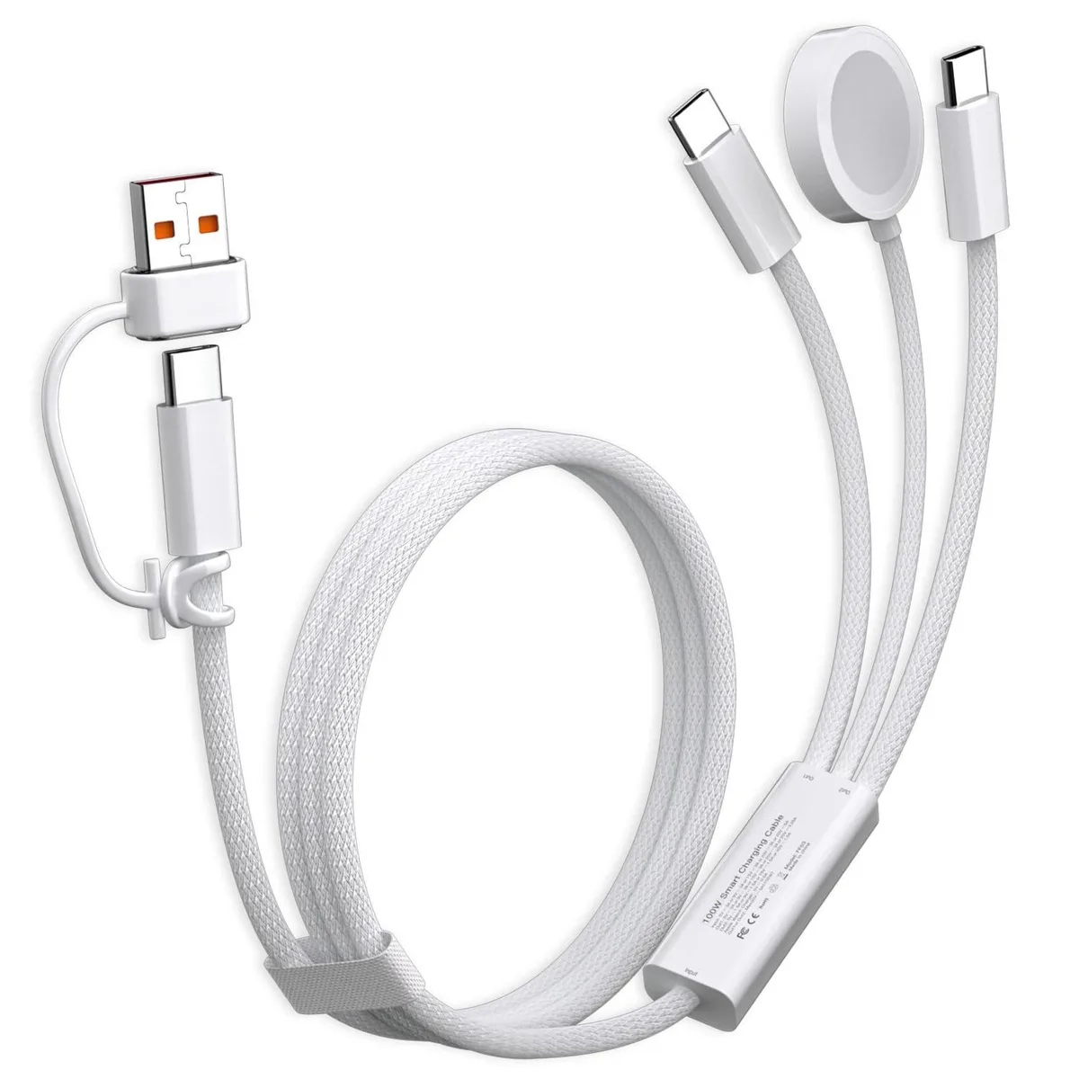 White USB-C cable with dual connectors and magnetic Apple Watch charger