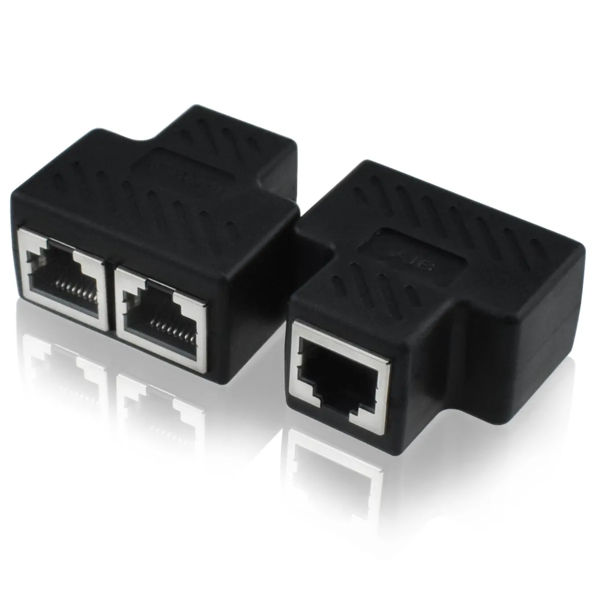 Two black RJ45 splitter adapters, rectangular PVC bodies with gold contacts