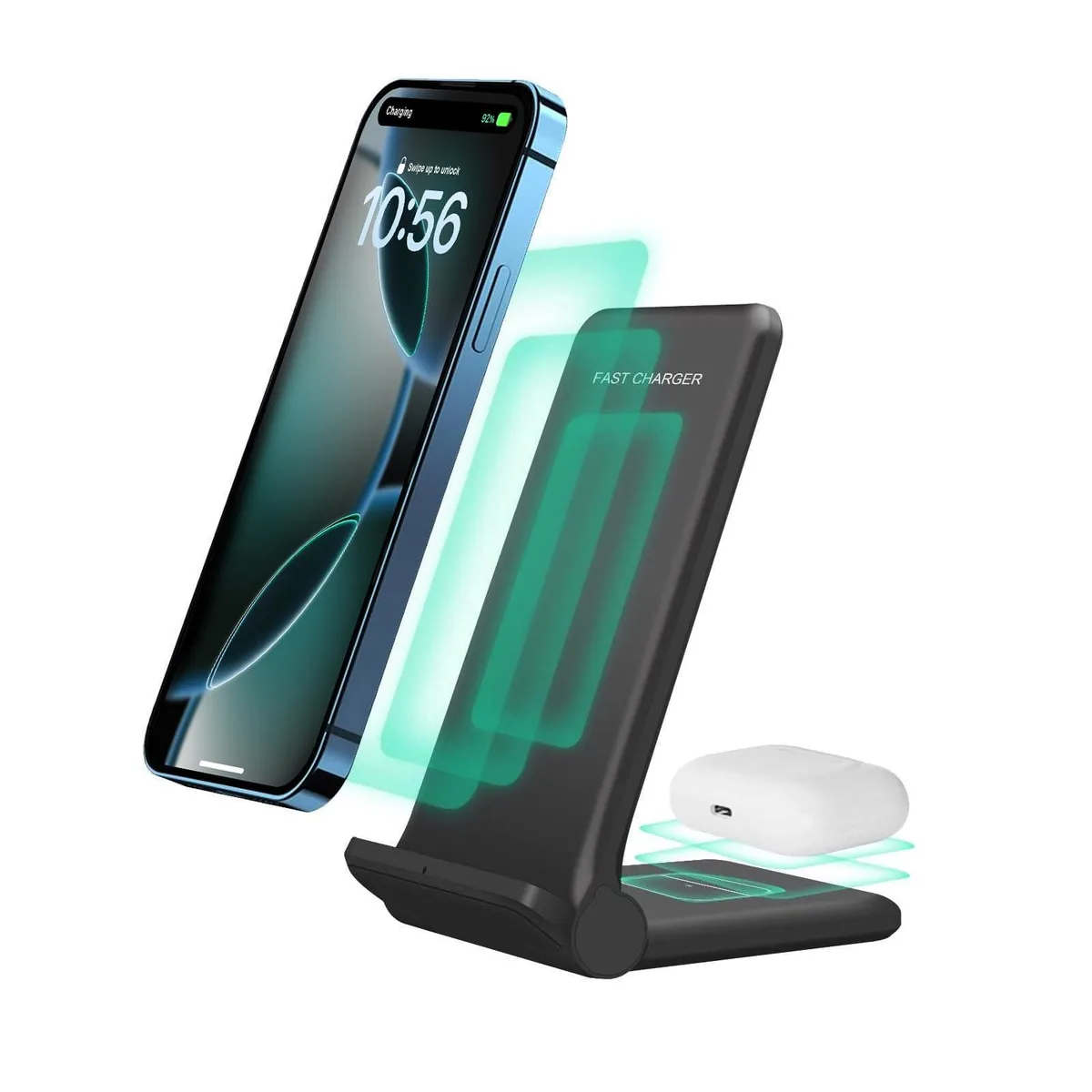 Foldable 2-in-1 wireless charging stand with dual pads, non-slip rubber base, compact matte finish