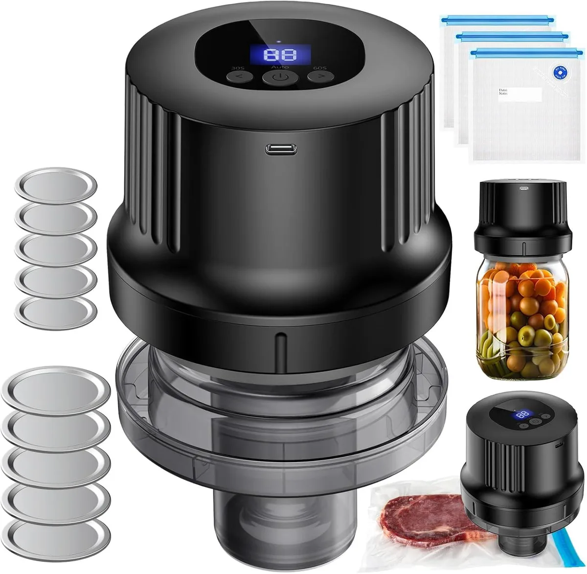 Compact white ABS vacuum sealer with top button and jar port