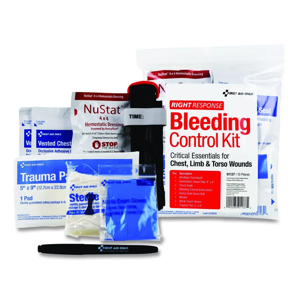 Clear plastic bag containing 11-piece bleeding control kit with tourniquet, chest seals, gauze, gloves, trauma pad