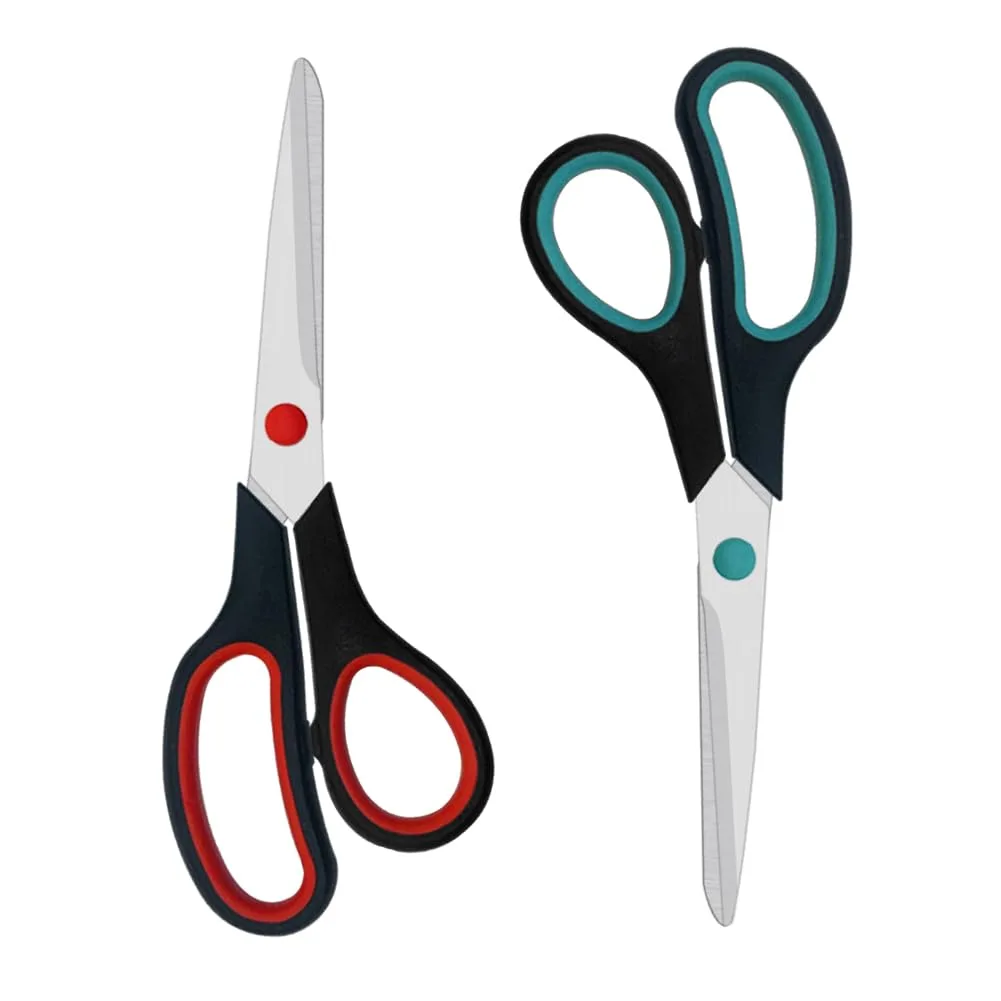 Two black-handled 7.5 inch scissors with red soft grips, stainless steel blades