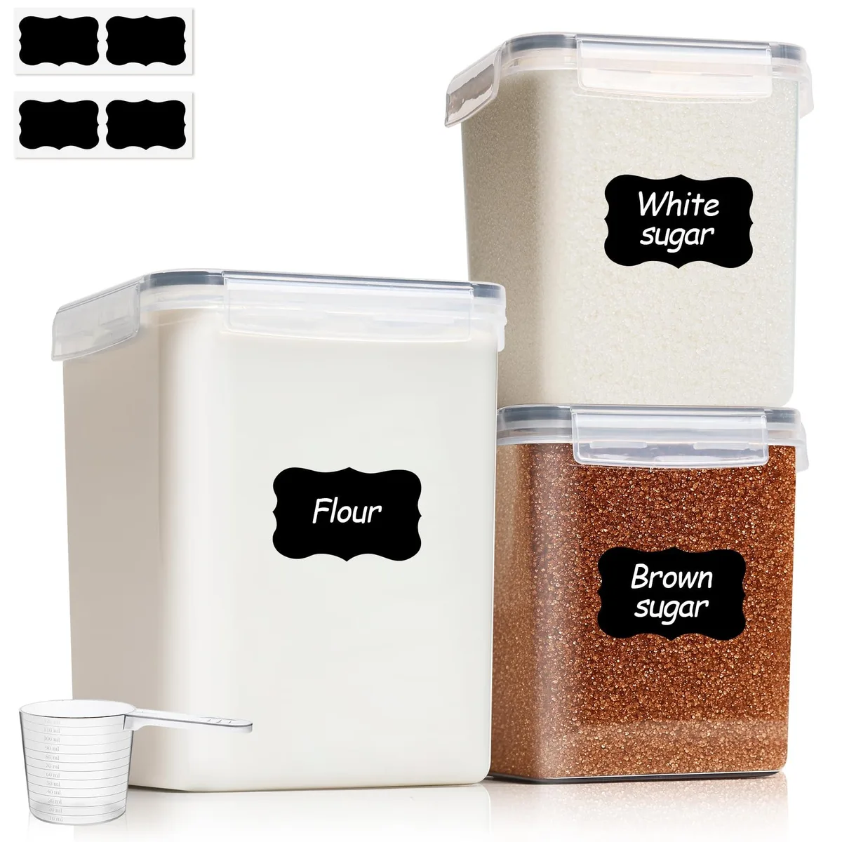 Three red square containers with side-locking lids, stackable, clear bodies showing contents