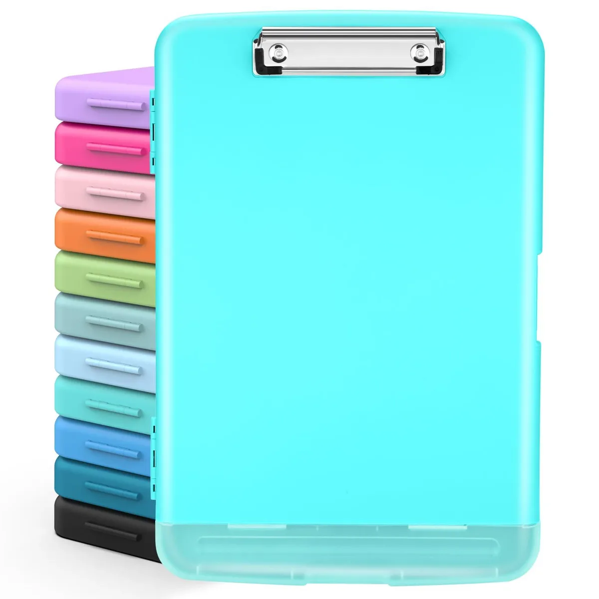 Mint green polypropylene clipboard folder with low-profile metal clip and side-opening storage compartments