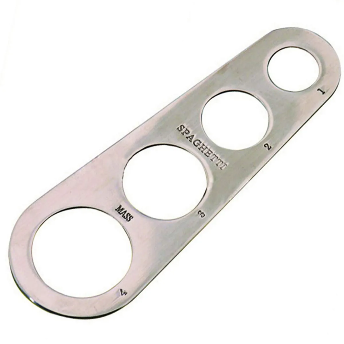 Stainless steel spaghetti measurer with four portion holes, 7.25 by 2.5 inches