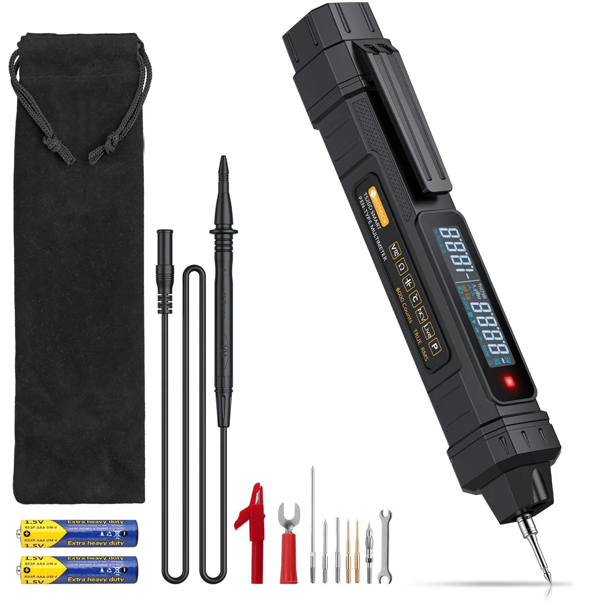 Neoteck pen multimeter, slim grey body, LCD display, test lead attached