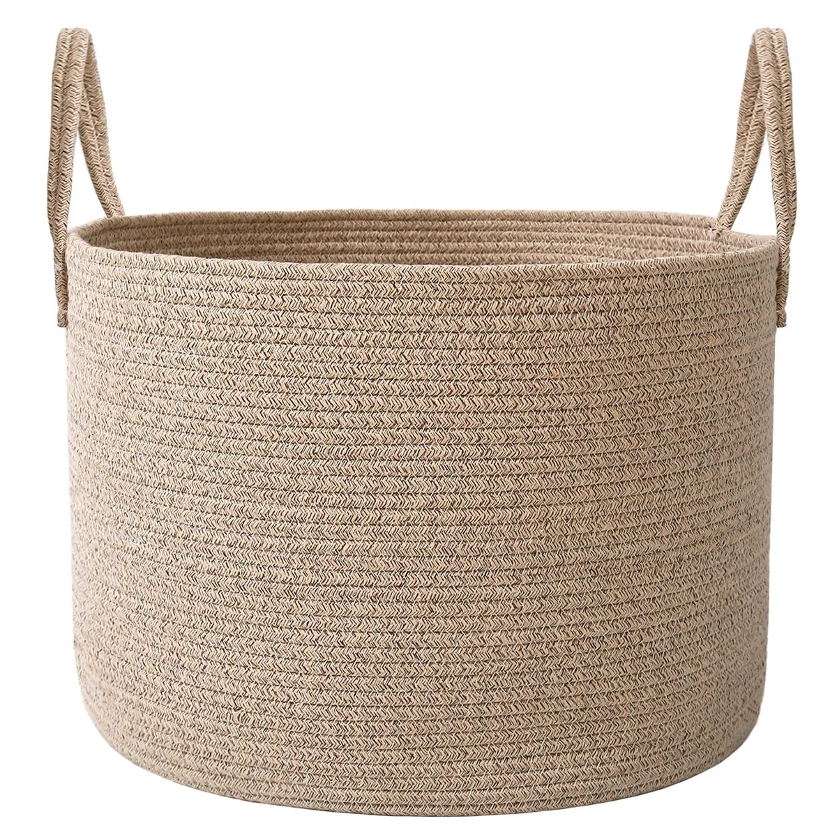Large round cotton rope basket with reinforced handles, natural woven texture