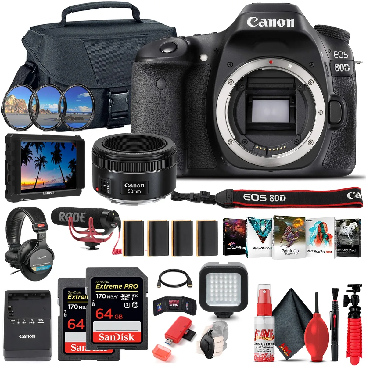 Canon Canon EOS 80D DSLR Camera Bundle with 7" Monitor, 50mm f/1.8 Lens, Mic, 64GB Cards — product photo