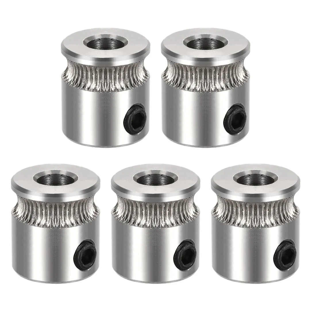 Five stainless steel MK7 drive gears with 5mm bore and deep grooves for 1.75mm filament