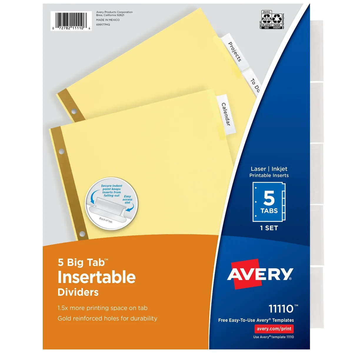 Five buff paper dividers with clear oversized tabs and gold-reinforced holes