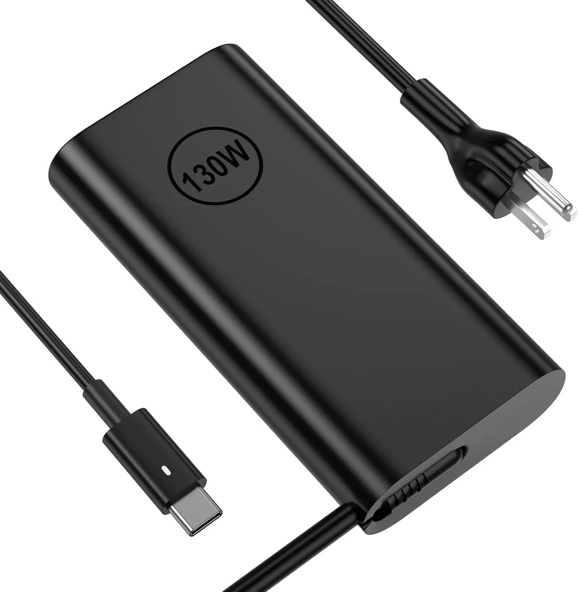 Black rectangular 130W USB-C laptop charger with detachable power cord
