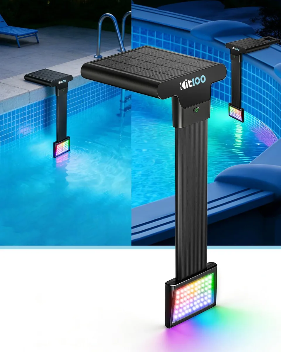 Black rectangular solar pool light with adjustable lamp head and mounting base