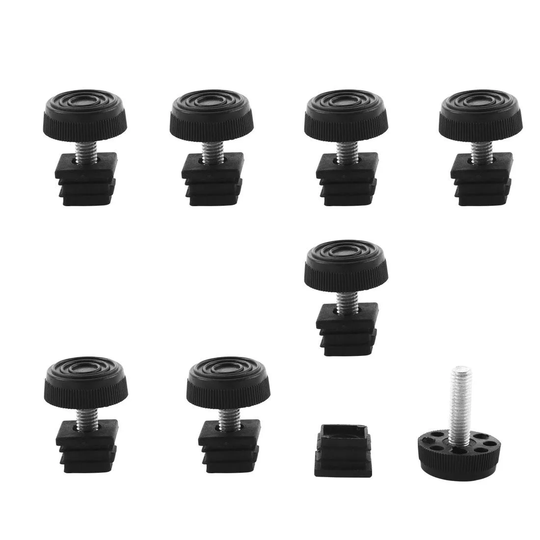 Eight sets of square tube inserts with adjustable threaded feet and plastic bases