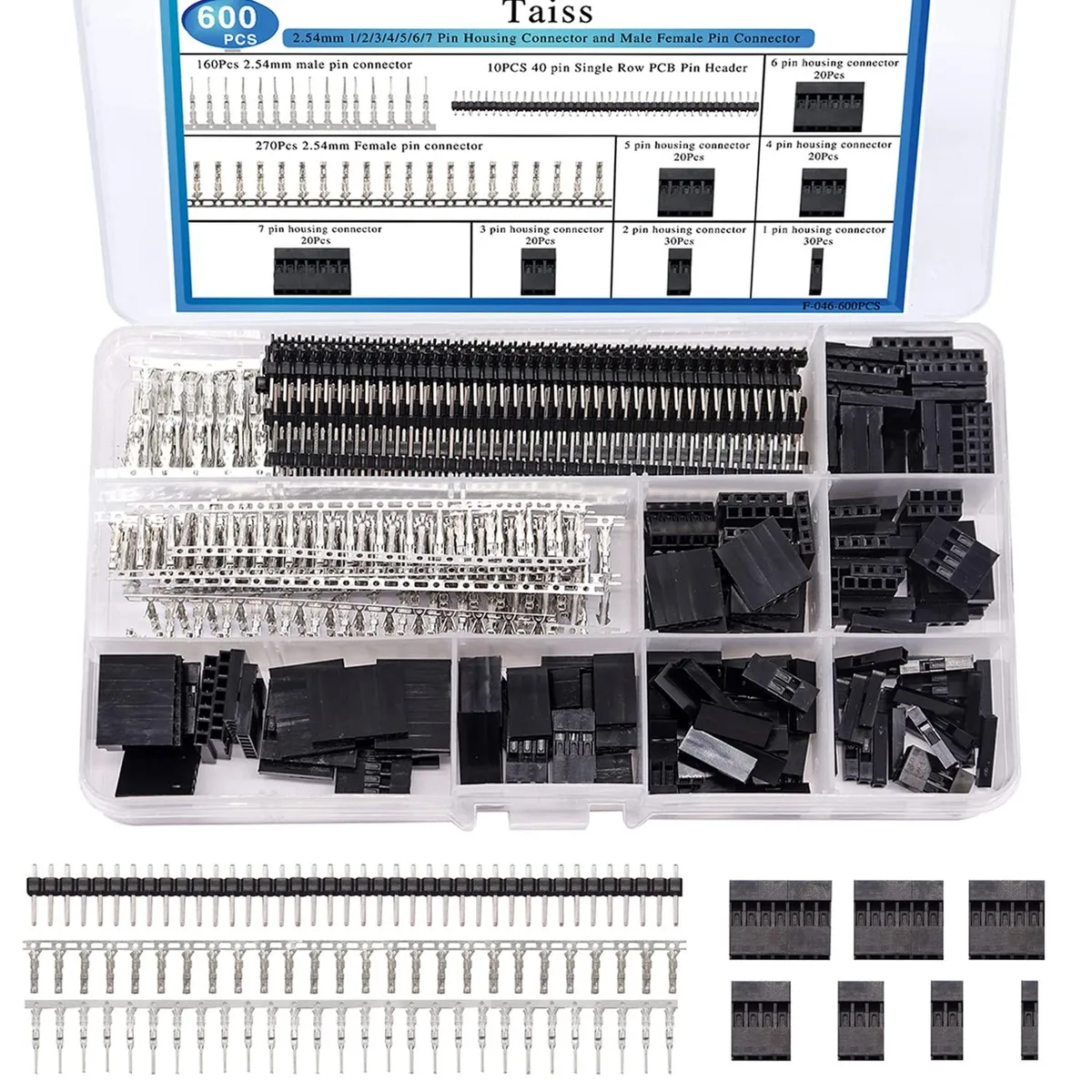 TAISS 600PCS Dupont Connector Kit 2.54mm Housing Crimp Pin — product photo