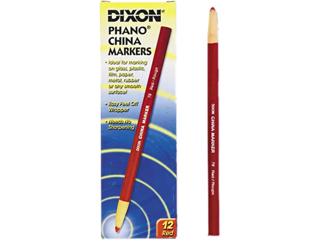 A box of twelve red paper-wrapped china markers with bold tips and tear strings