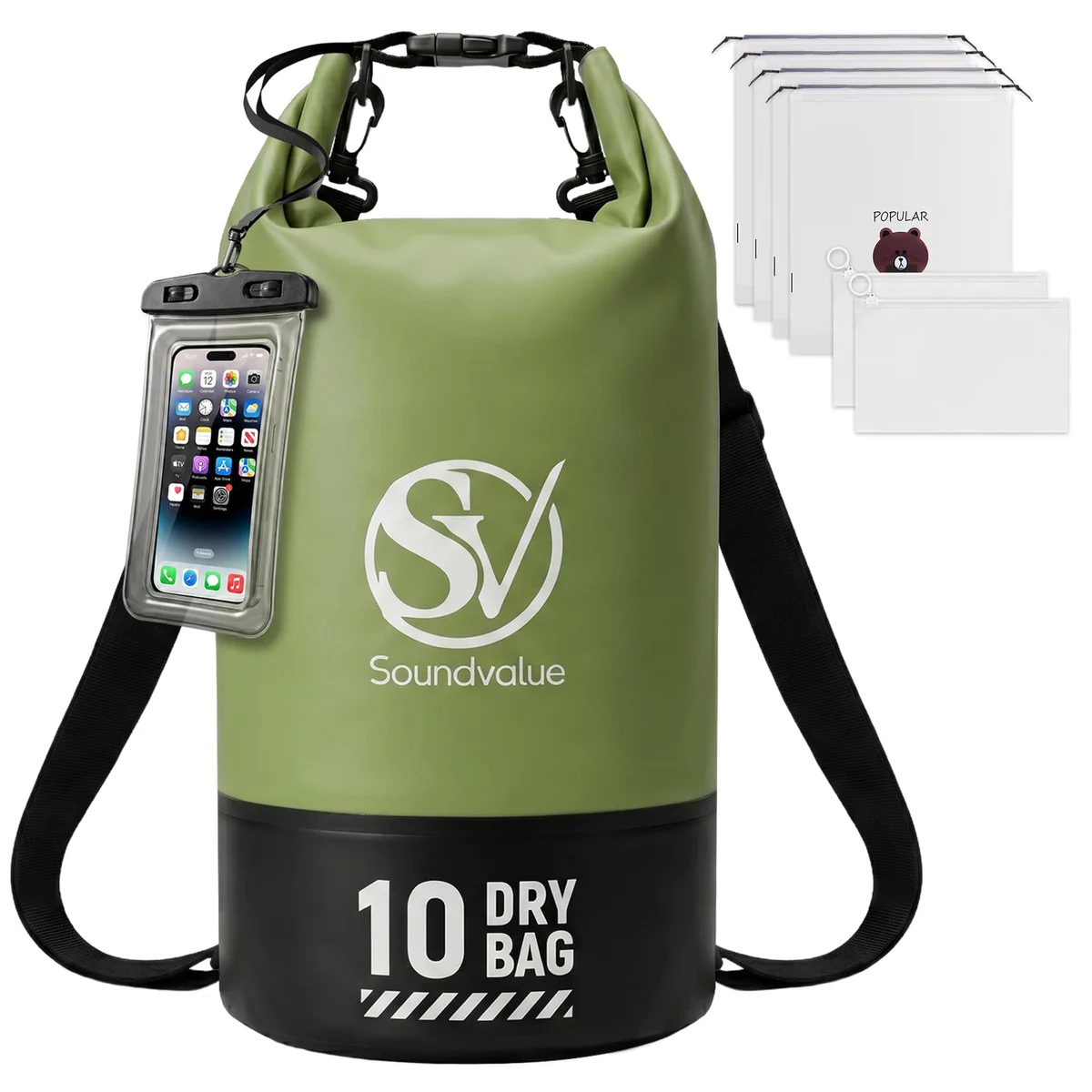 Black 10L waterproof floating backpack with roll-top closure and shoulder straps